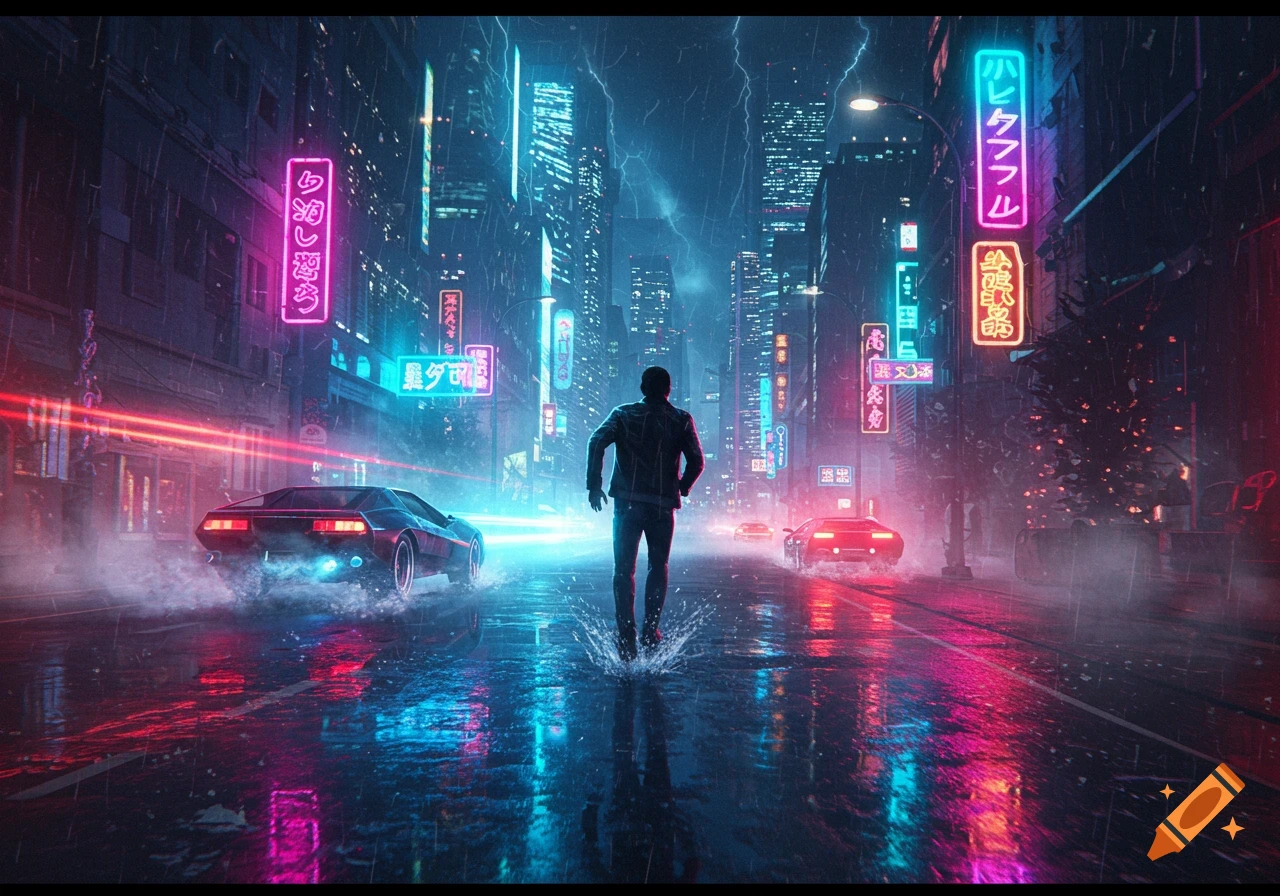 A man walks down a rainy cyberpunk street at night, illuminated by vibrant neon signs and the lights of futuristic cars.