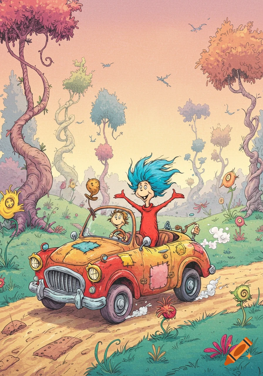 Thing 2 and a child drive a patched-up car through a whimsical Dr. Seuss landscape with colorful, twisted trees.
