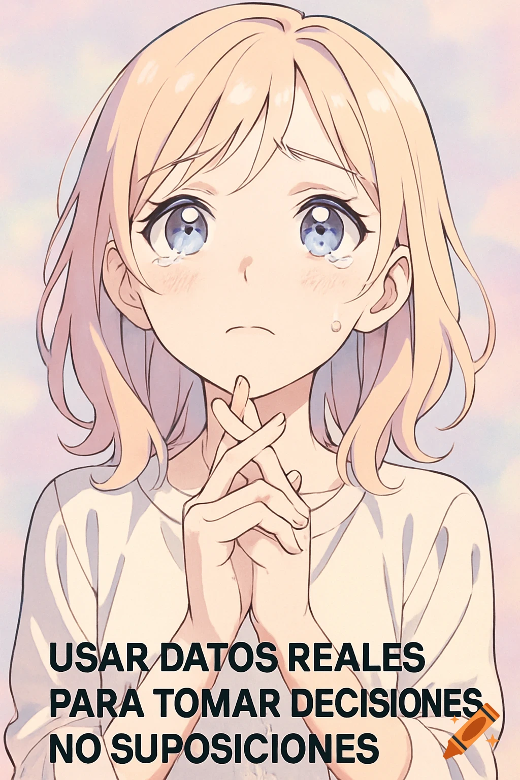 Anime illustration of a tearful person with crossed fingers and text 'USAR DATOS REALES PARA TOMAR DECISIONES, NO SUPOSICIONES'.