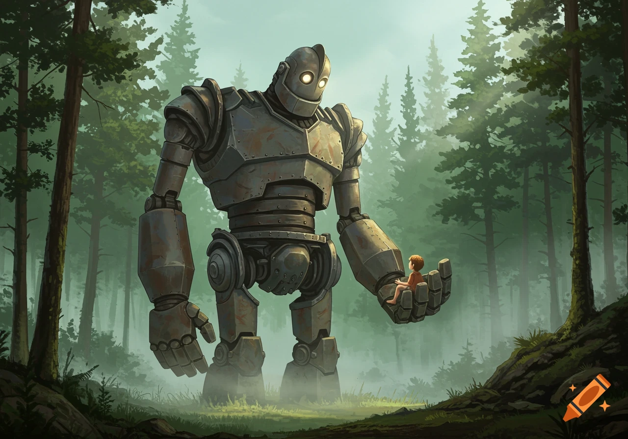 A giant rusty robot gently holds a small boy in its palm in a misty, lush forest.