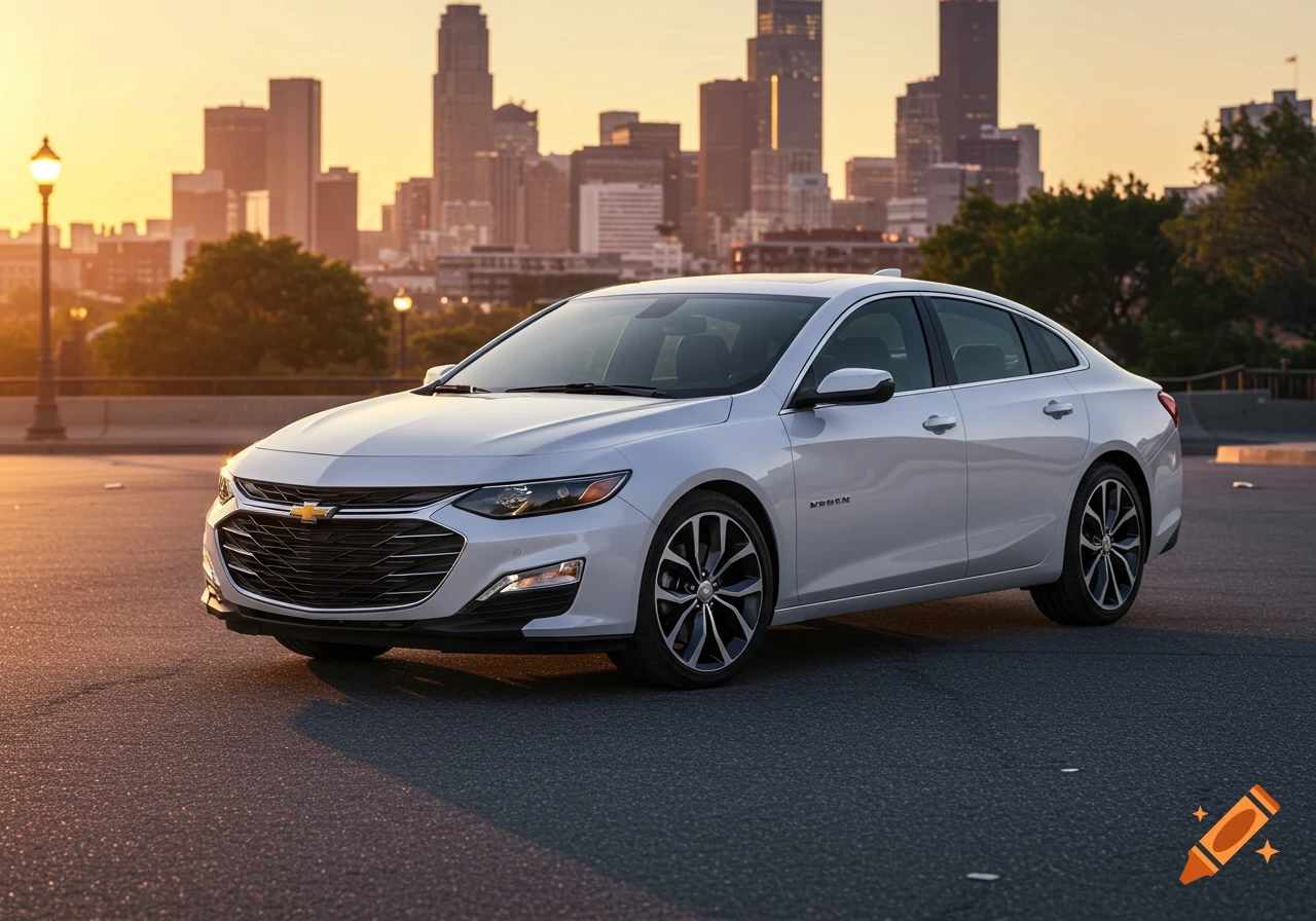 White sedan parked on an asphalt lot with a city skyline and sunset light in the background, photorealistic.