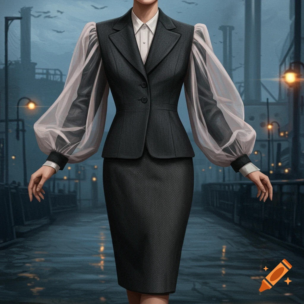A figure in a dark, 1940s-style two-piece suit with voluminous sheer sleeves stands on a wet street in a moody, dystopian industrial setting.