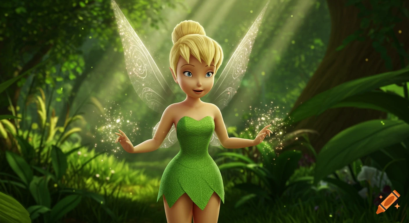 A stylized animated fairy resembling Tinkerbell stands in a lush green forest, glowing with magic. She wears a strapless green leaf dress, with her hands poised to the side, emanating golden sparkles.