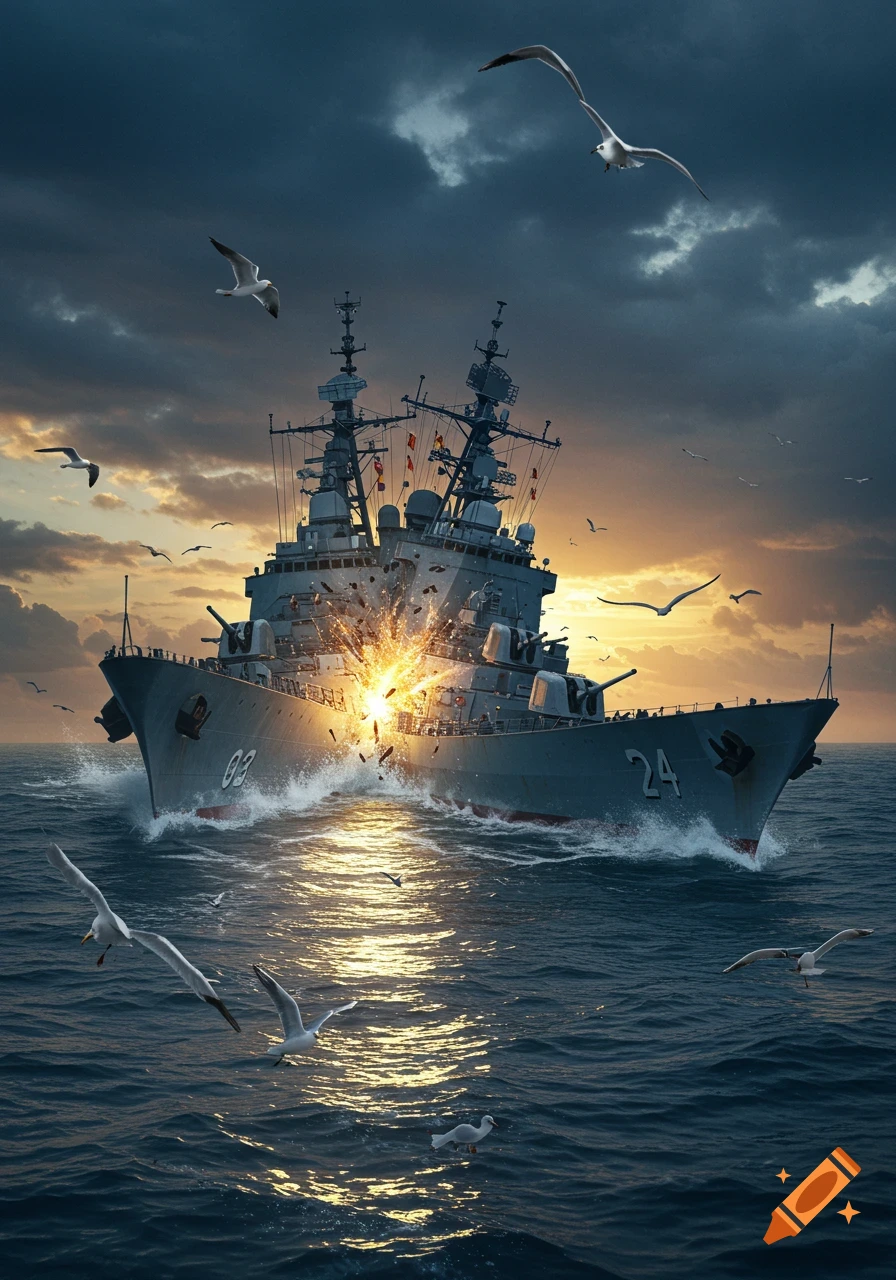 Two warships collide in a brilliant explosion on a stormy sea at sunset, with seagulls flying overhead. Photorealistic style.