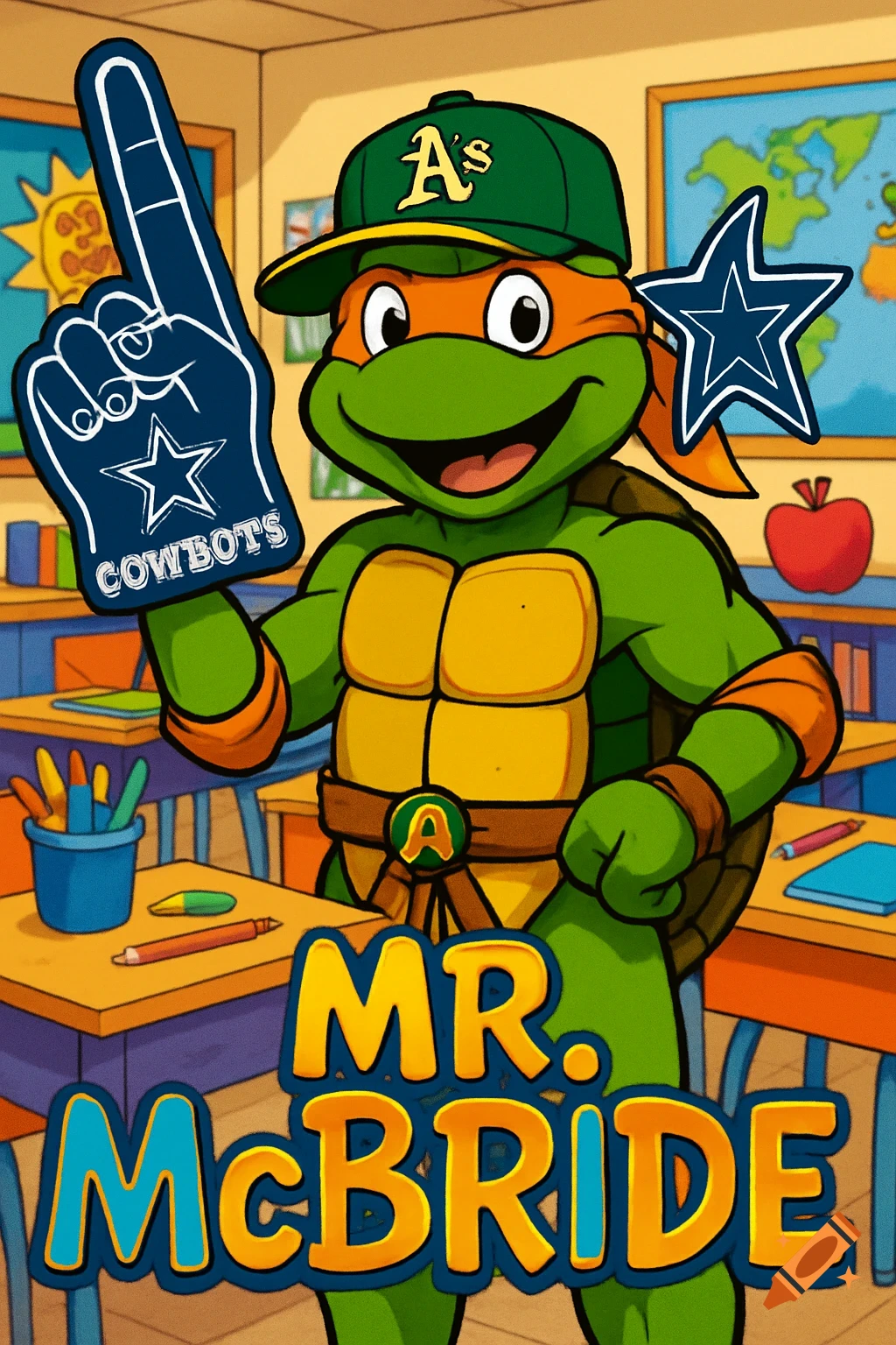 Cartoon Teenage Mutant Ninja Turtle Michelangelo wearing an A's cap, holding a Cowboys foam finger in a classroom, with 'Mr. McBride' at the bottom.