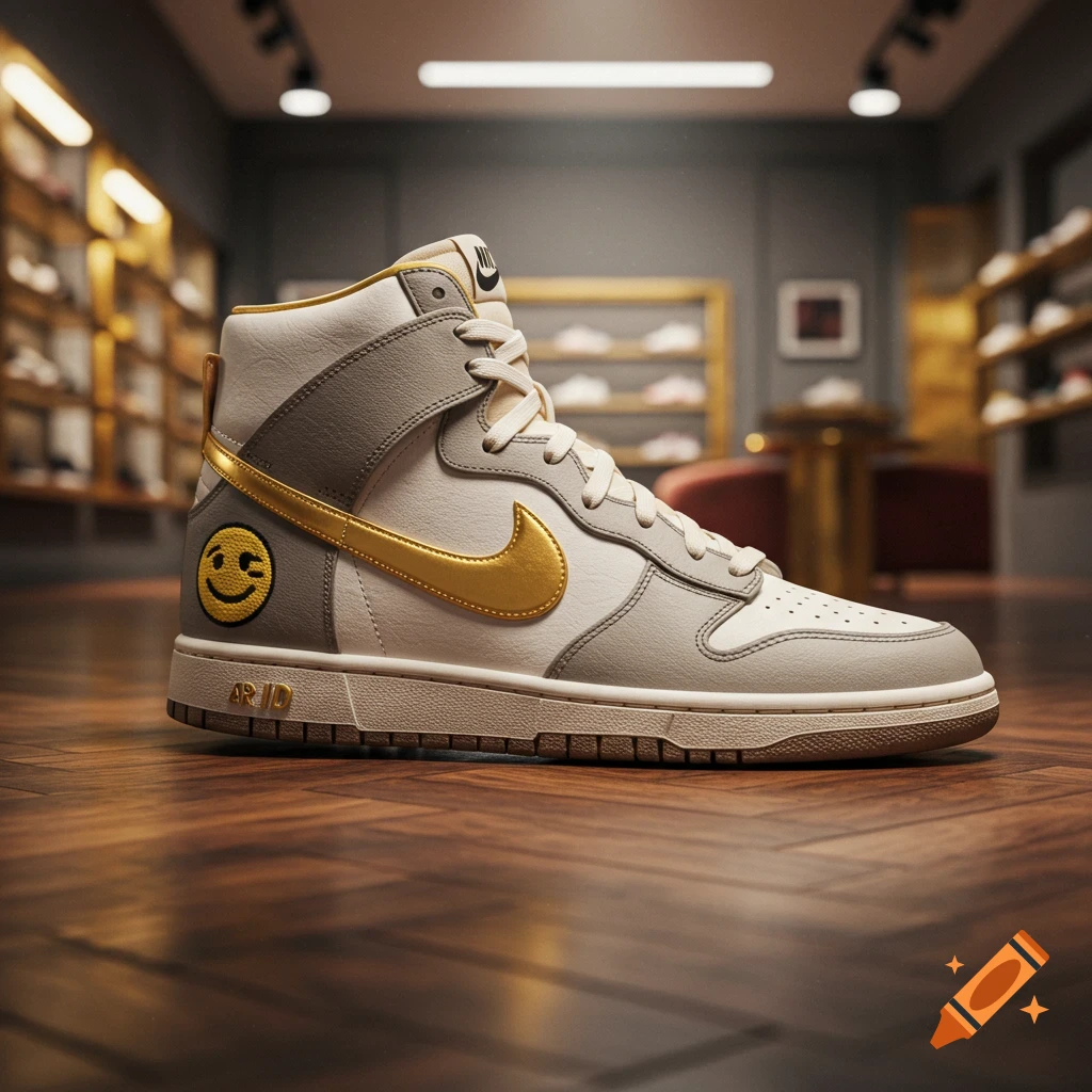 A white and grey high-top Nike Dunk shoe with a gold swoosh and a winking smiley face emblem, displayed on a wooden floor in a dimly lit store.