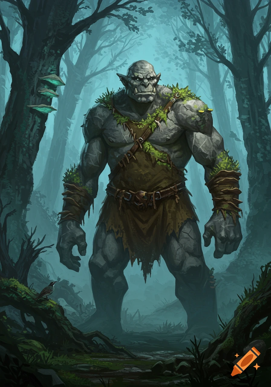 A large, muscular, grey-skinned ogre-like creature covered in moss stands in a misty, dark fantasy forest.