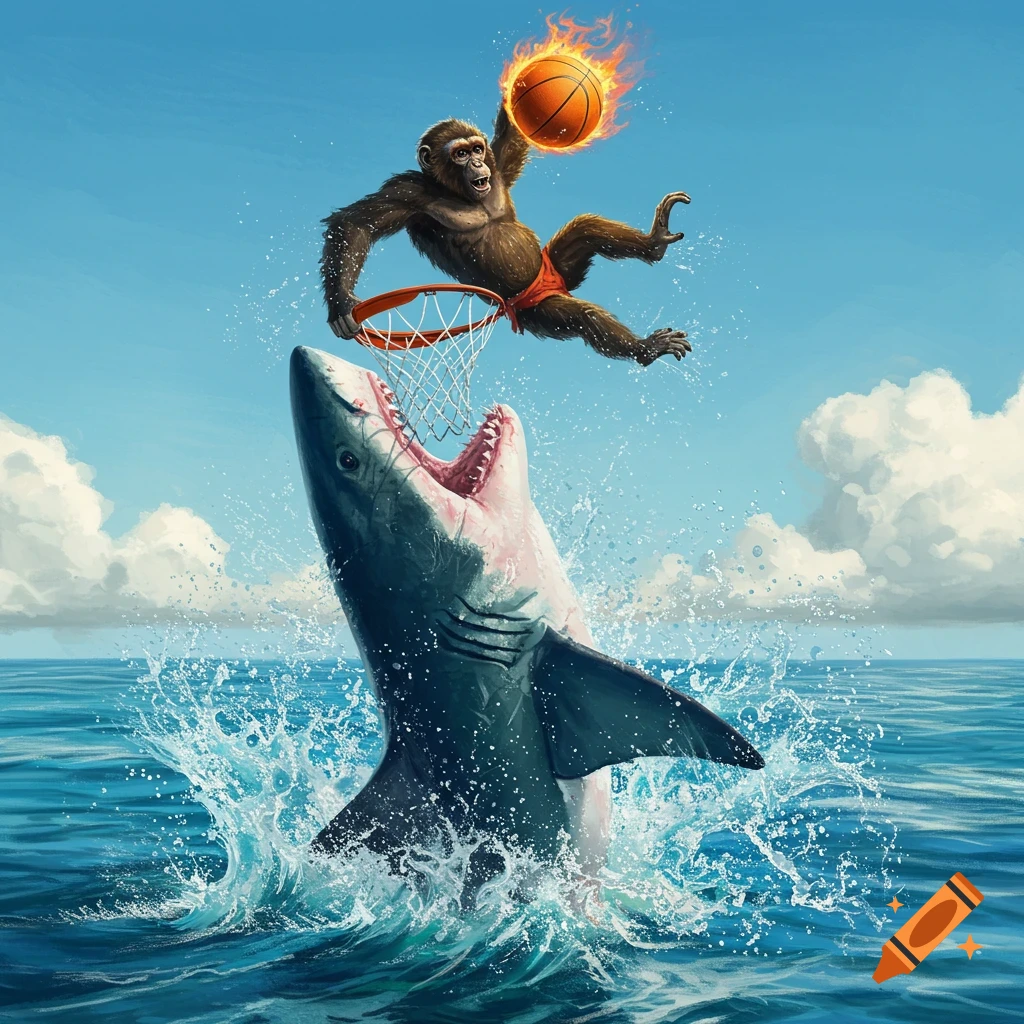 A monkey dunks a flaming basketball into a hoop attached to a breaching shark's open mouth in the ocean.