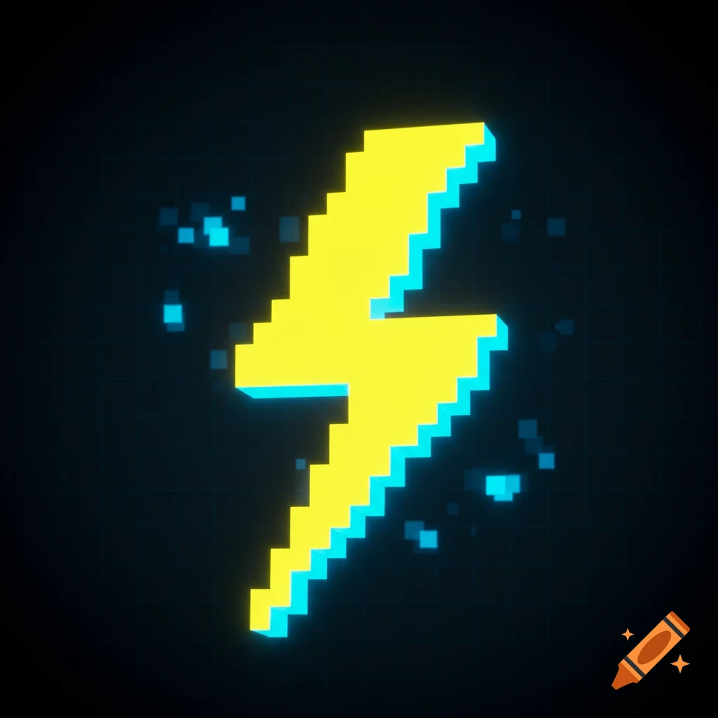 A bright yellow pixelated lightning bolt with a blue outline against a dark, grid-like background.