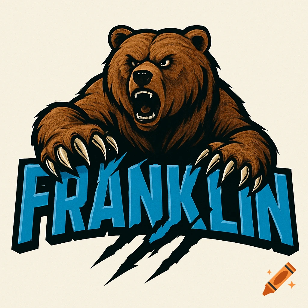 A brown grizzly bear mascot with bared teeth and claws ripping through the blue word "FRANKLIN" against a light background.