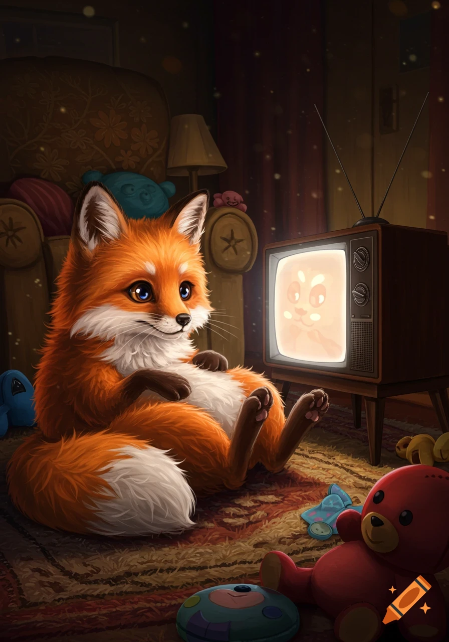A fluffy orange and white fox sits on a rug, watching an old television set that glows with the image of another cartoon fox. Stuffed animals are scattered around in a dimly lit, cozy room.
