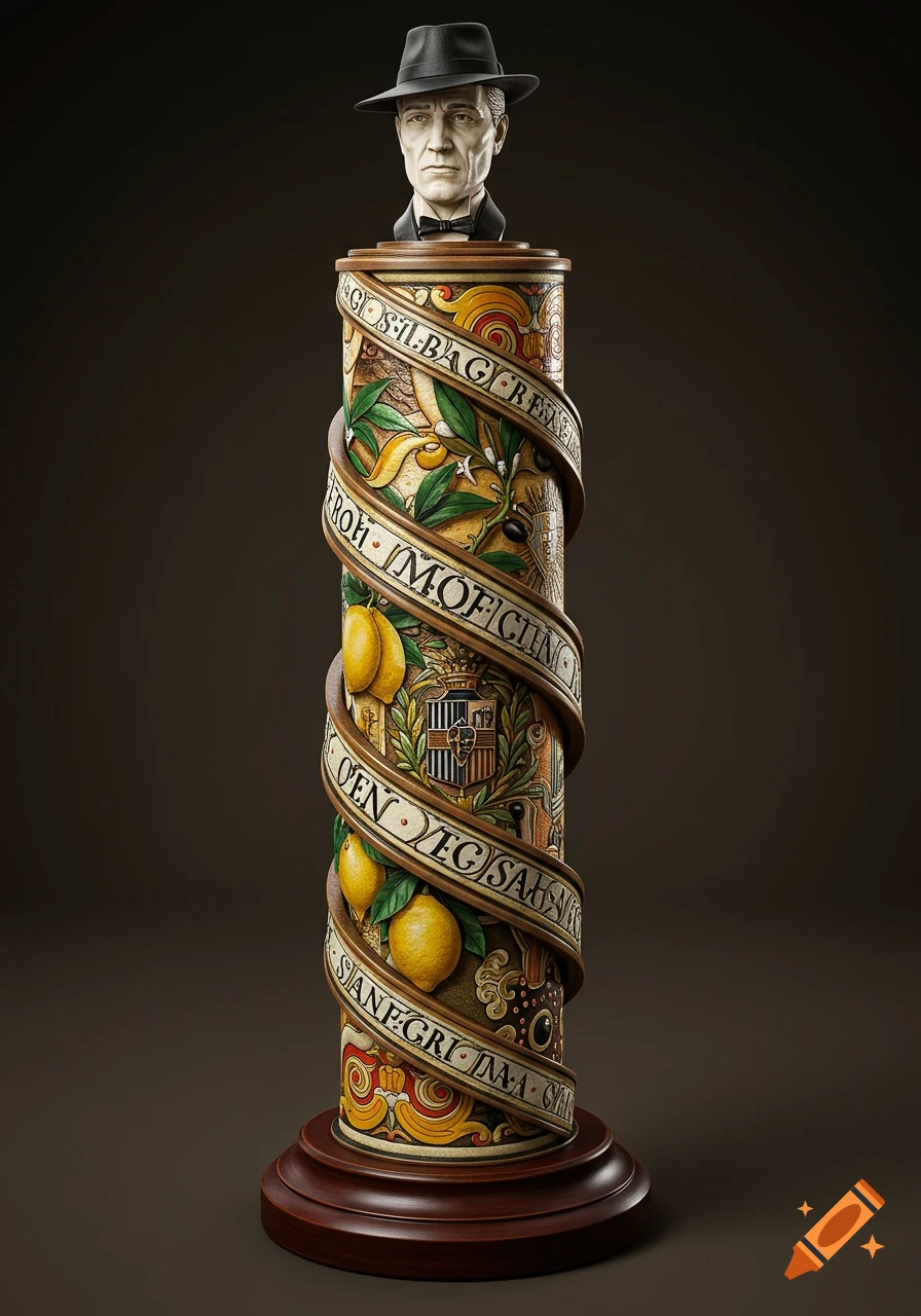 A detailed bust of a man in a black fedora and bow tie atop a tall, ornate column with lemons, leaves, and a winding ribbon of illegible text.