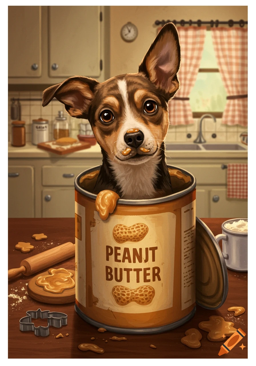 A cute dog peeking out of a peanut butter can on a kitchen counter with baking ingredients.