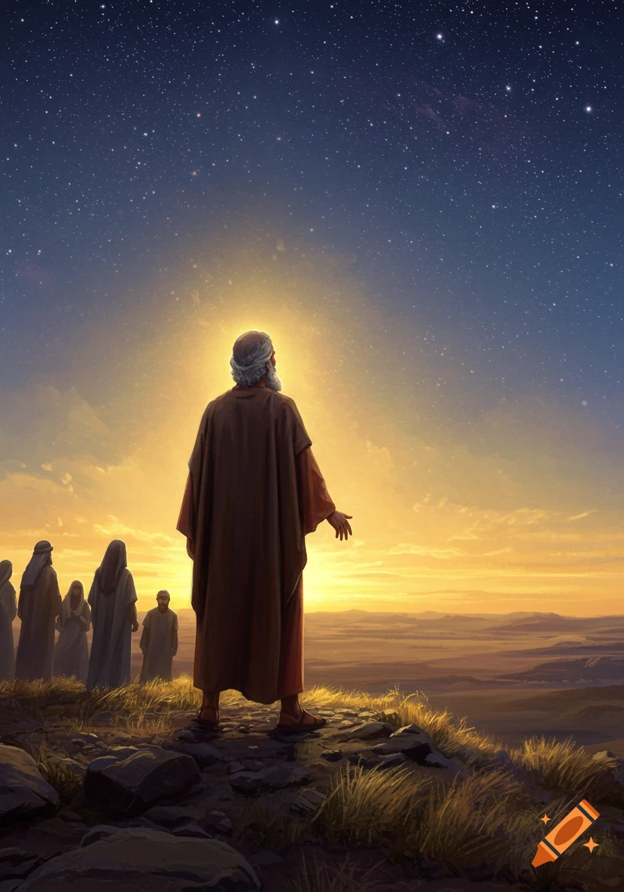 An old man in robes with a beard stands on a hill, looking up at a starry night sky over a vast desert landscape at sunset, with other figures behind him.