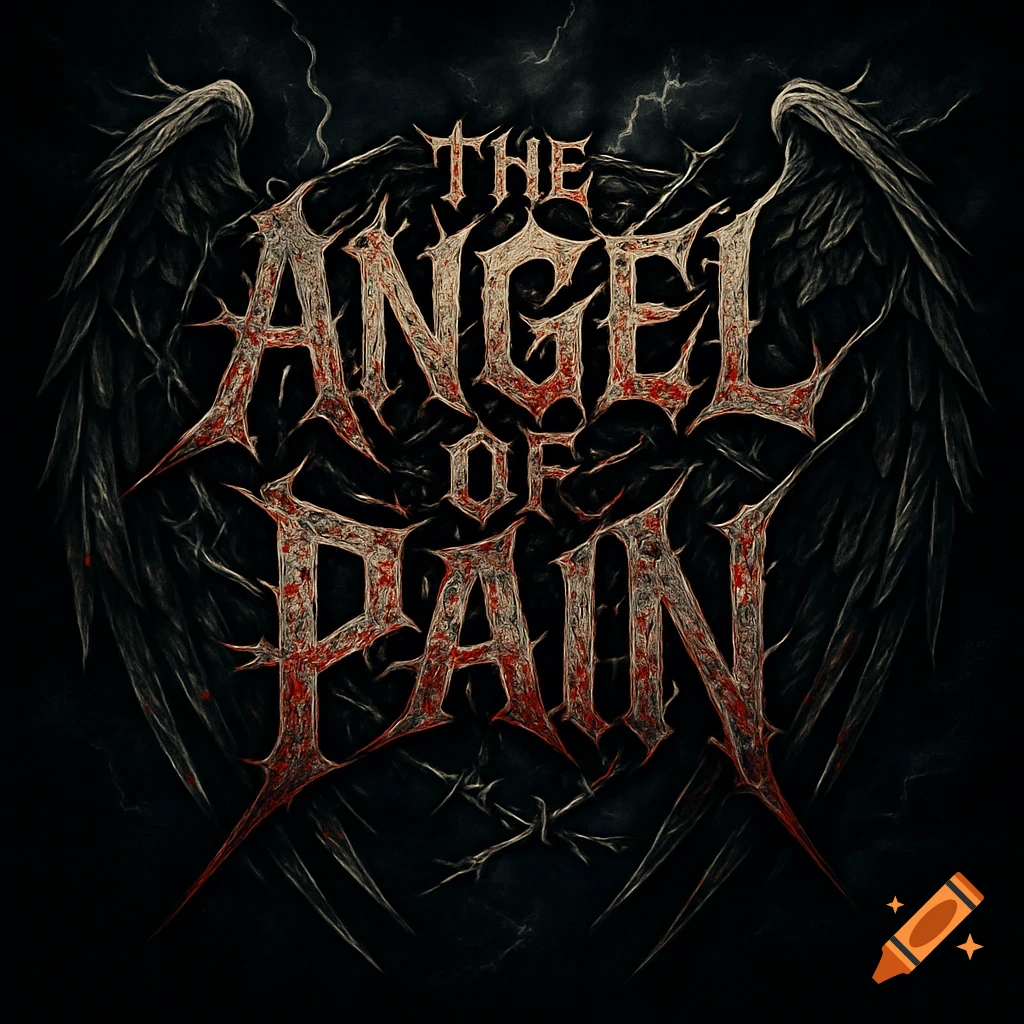 Death metal logo with thorny text 'THE ANGEL OF PAIN' and dark wings on a stormy background.