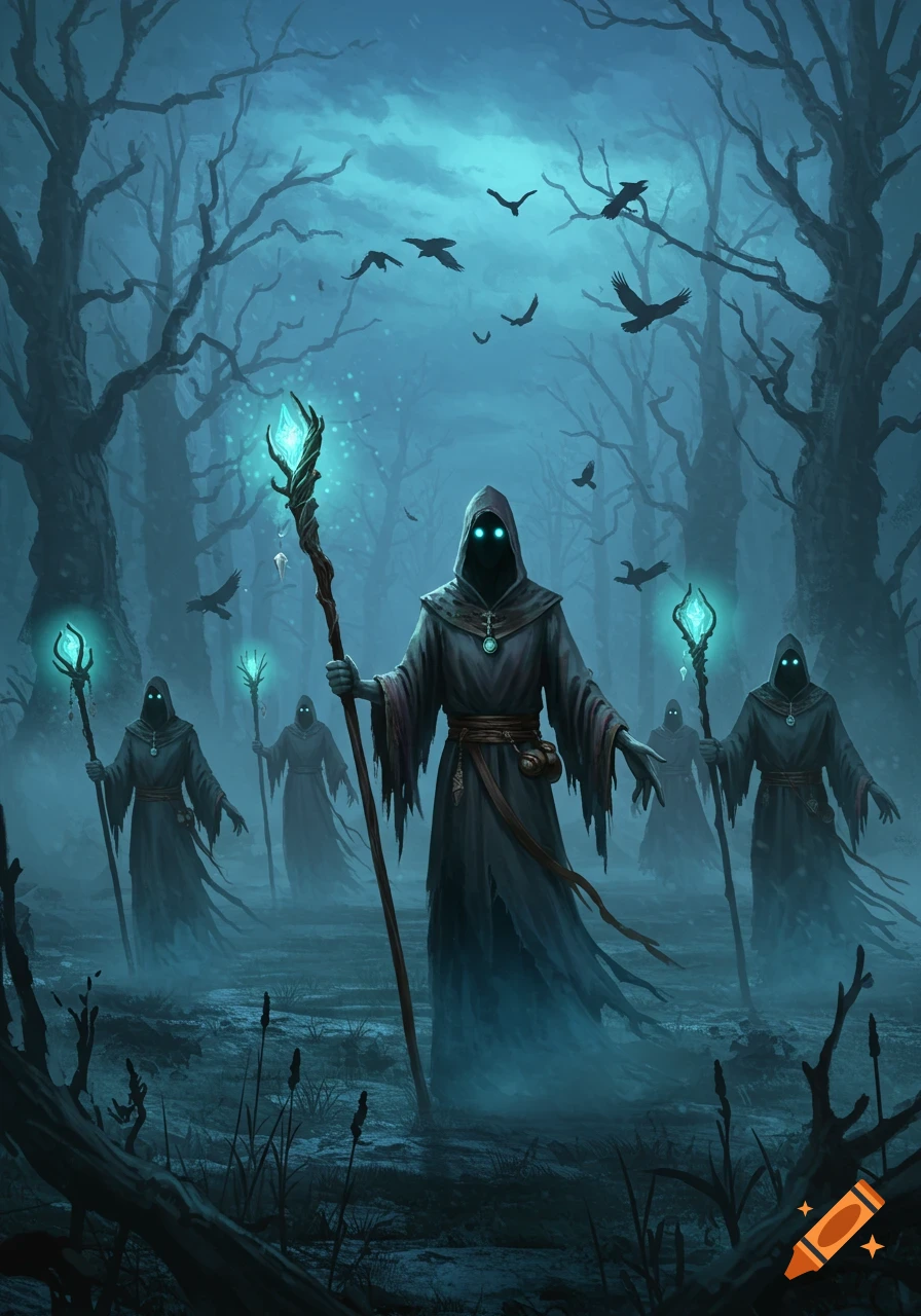 Hooded figures with glowing staffs stand in a dark, misty forest with crows flying above, in a dark fantasy art style.