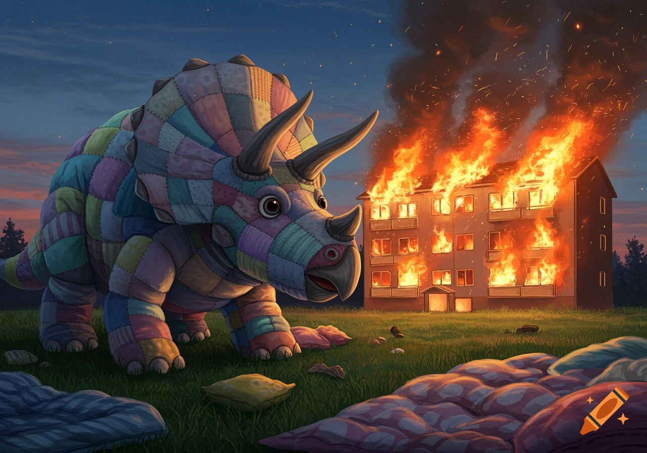 A colorful patchwork triceratops looks on as a three-story apartment building burns intensely in the background, set against a twilight sky.