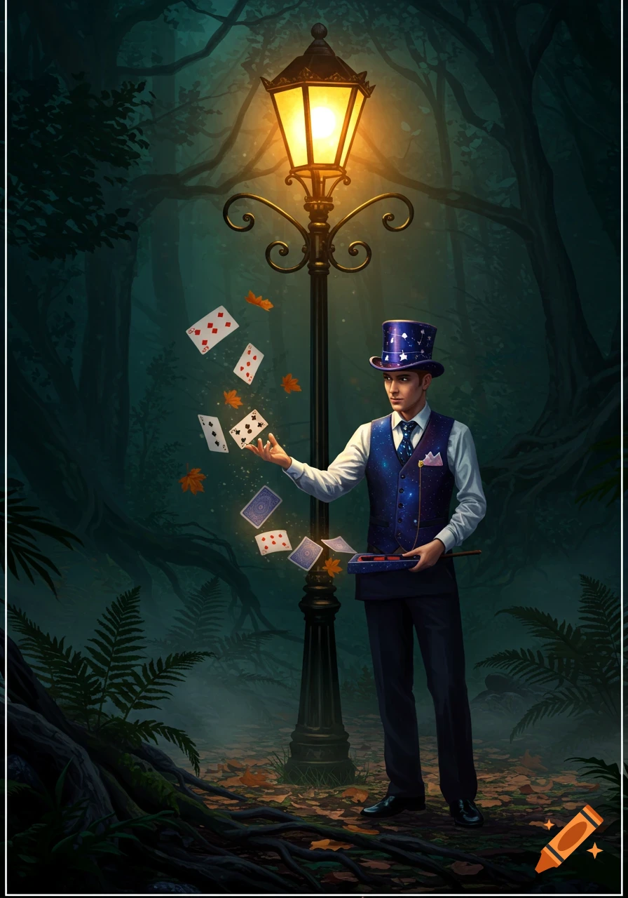 A magician in a dark, misty forest performs card tricks under a glowing lamppost, with playing cards floating around him.