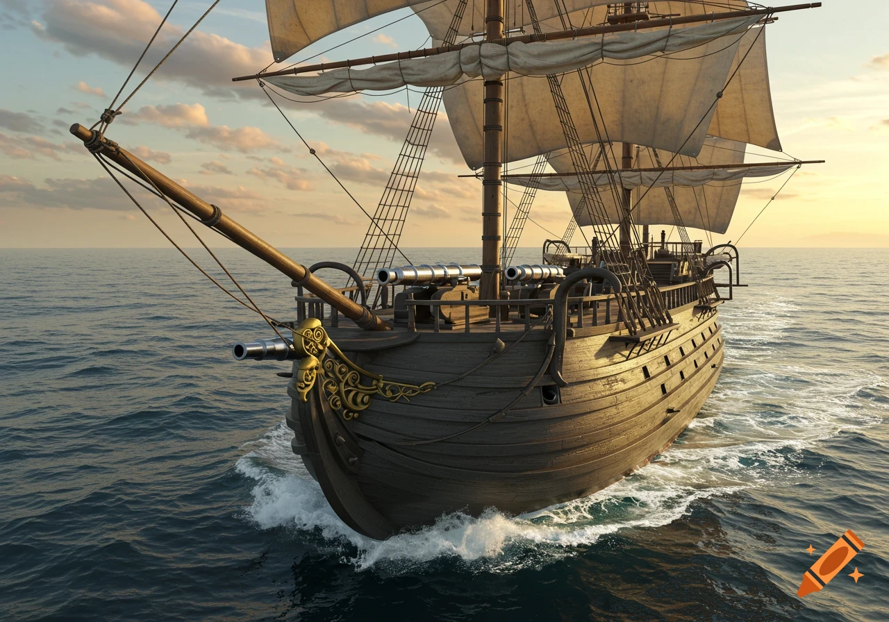 A detailed, photorealistic view of a large wooden sailing ship with three masts and cannons, cutting through blue ocean water under a sunset sky.