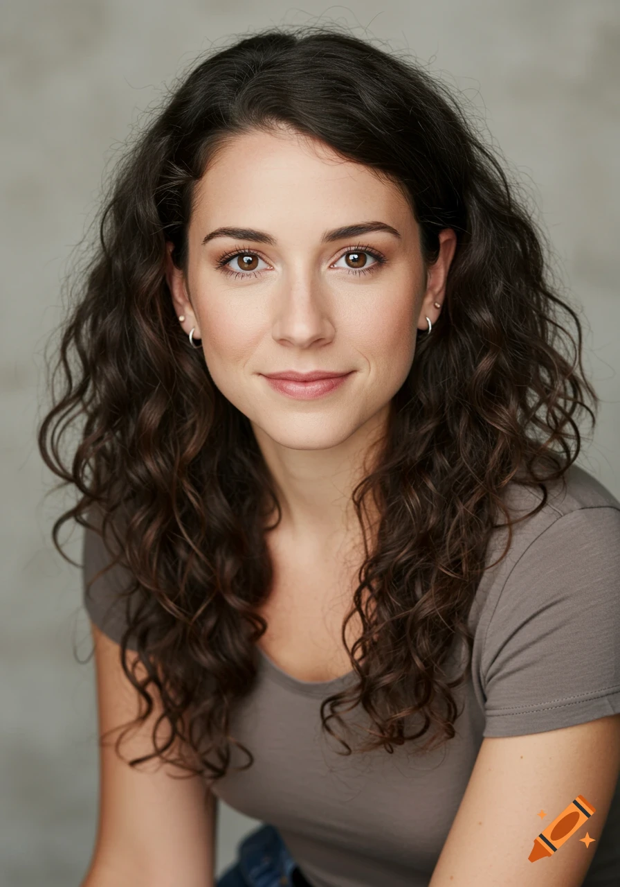 Photorealistic portrait of a woman with long, curly brown hair and brown eyes, smiling softly in a grey t-shirt.