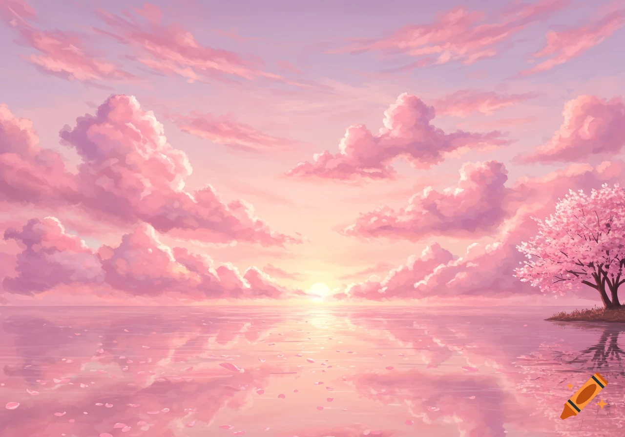 Pink anime landscape of a cherry blossom tree beside a still lake reflecting a pastel pink sky with fluffy clouds at sunrise.