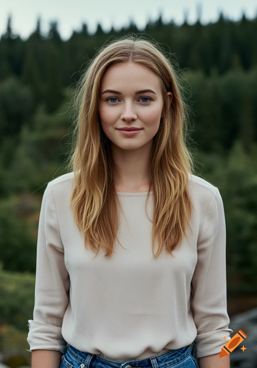 A young woman with long blonde hair and blue eyes smiles subtly in front of a boreal forest.