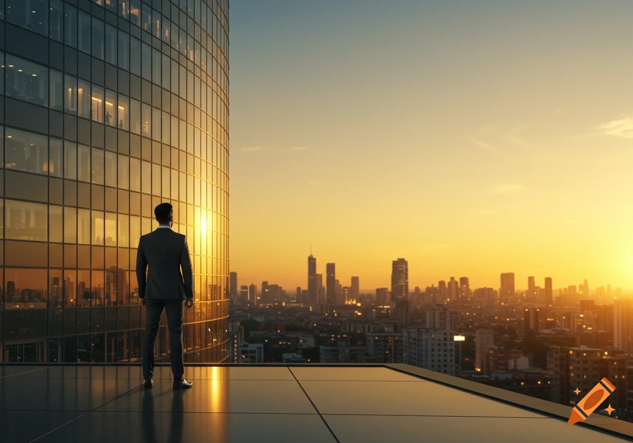 A man in a suit stands on a skyscraper rooftop, looking out at a city skyline at sunset.