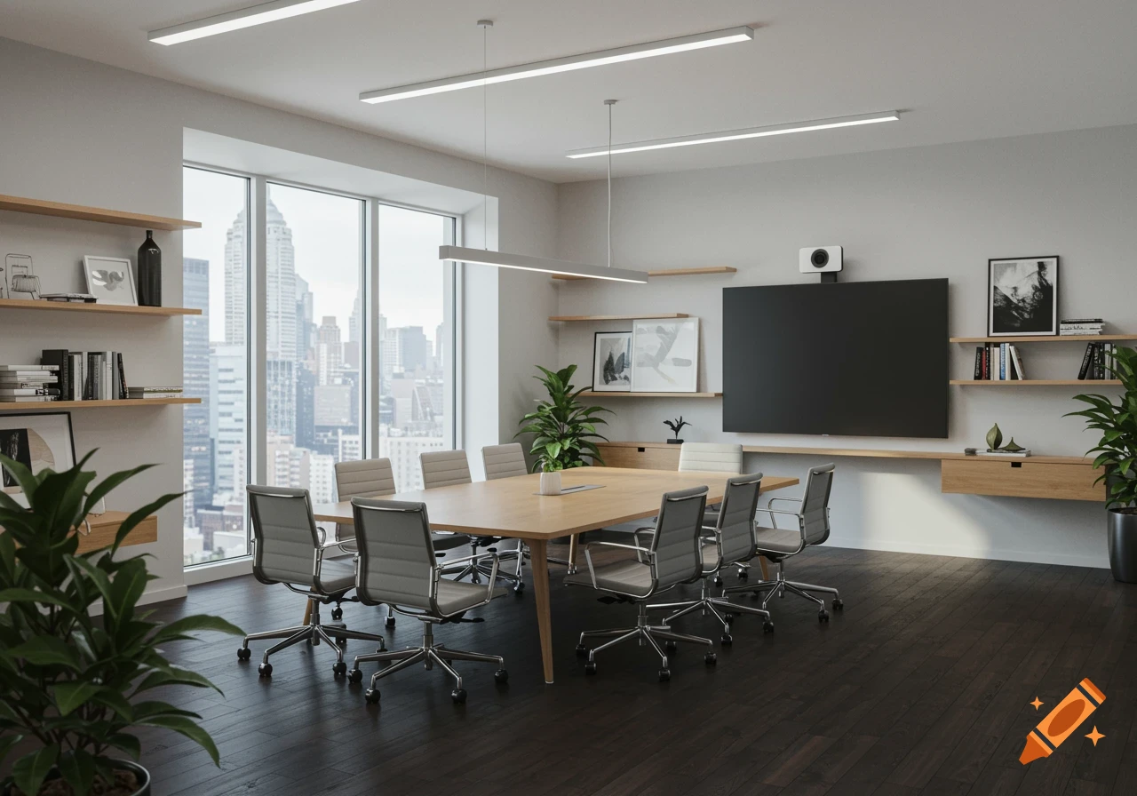 A modern meeting room with a large wooden table and grey office chairs, featuring floor-to-ceiling windows overlooking a city skyline.