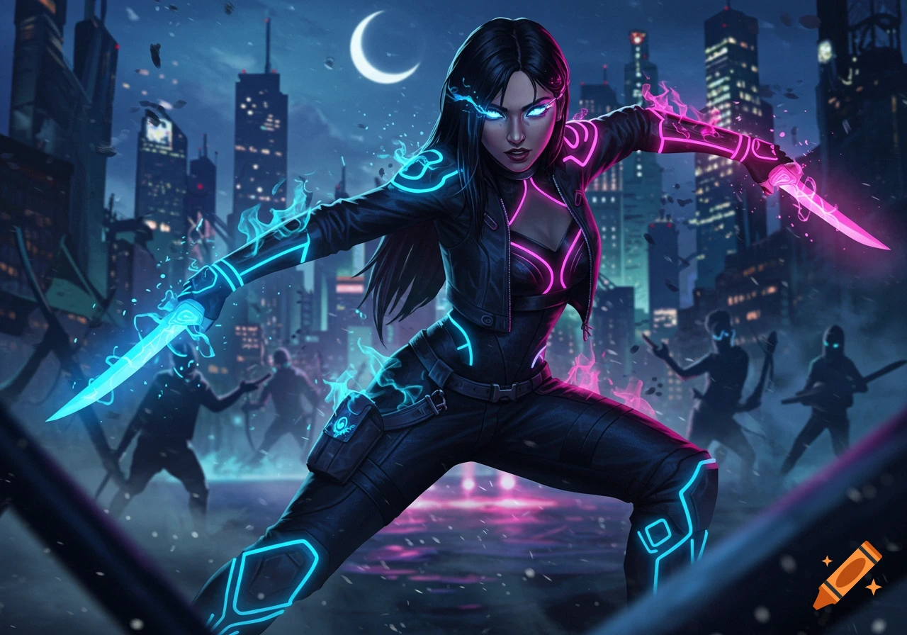 A female warrior with glowing eyes and neon-lit black outfit, wielding glowing blue and pink knives in a dark cyberpunk city.