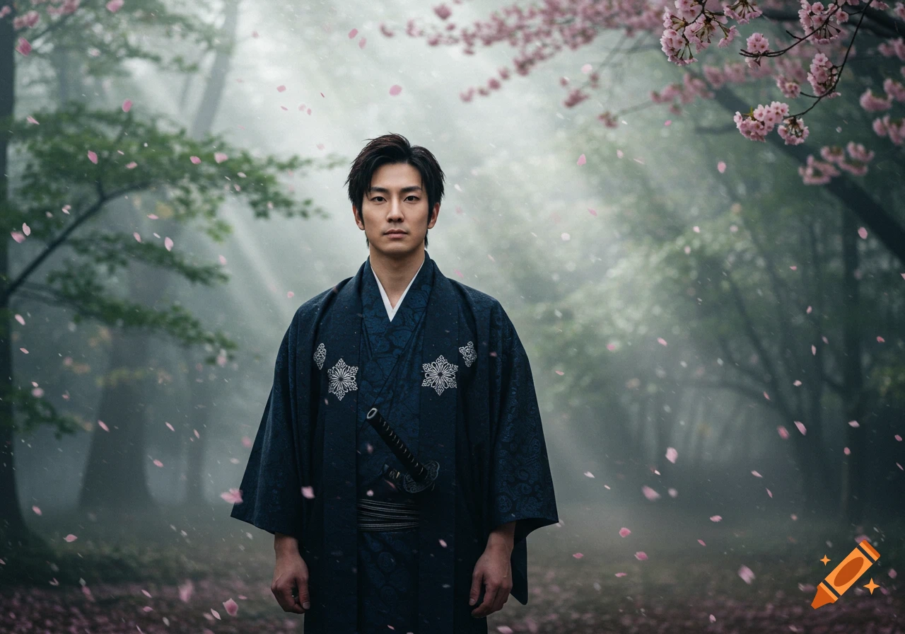 A man in a dark blue Japanese kimono stands in a misty forest with pink cherry blossoms falling around him. Photorealistic.