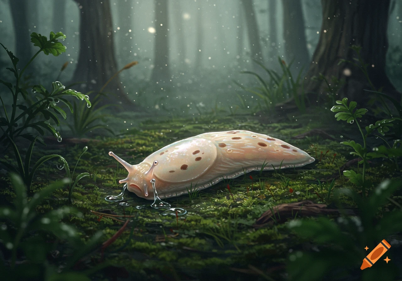 A detailed illustration of a slug on a mossy forest floor, with trails of water around its head, in a misty forest with glowing particles.