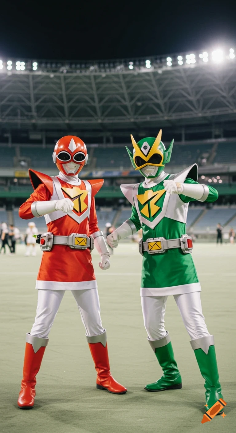 Two figures in red and green superhero costumes with yellow symbols on their chests stand in a stadium at night.