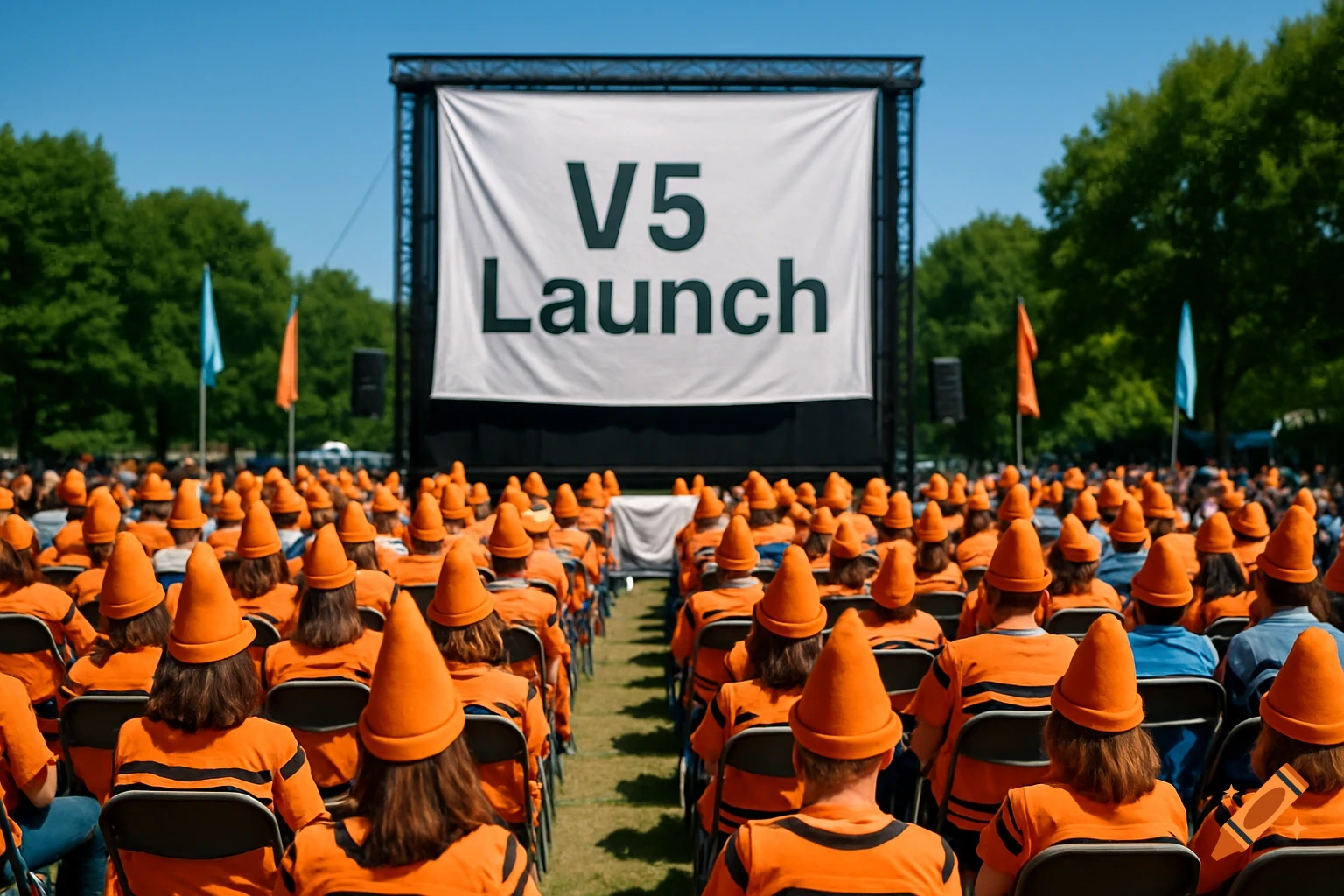 Photorealistic image of a crowd of people wearing orange crayon costumes at an outdoor conference, facing a large screen displaying 'V5 Launch'.