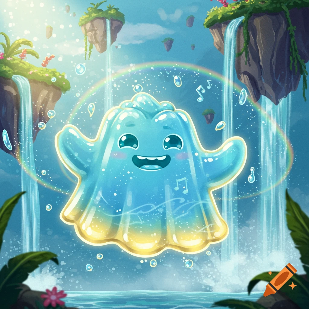 A cute, smiling blue jelly monster floats amidst waterfalls and floating islands, surrounded by a rainbow, in a vibrant cartoon style.