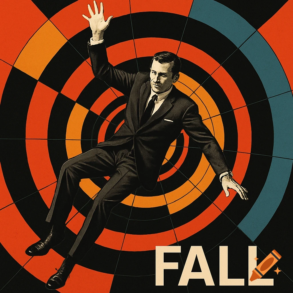 A man in a suit falls through a retro graphic poster with concentric red, orange, and black circles, with the word "FALL" at the bottom.