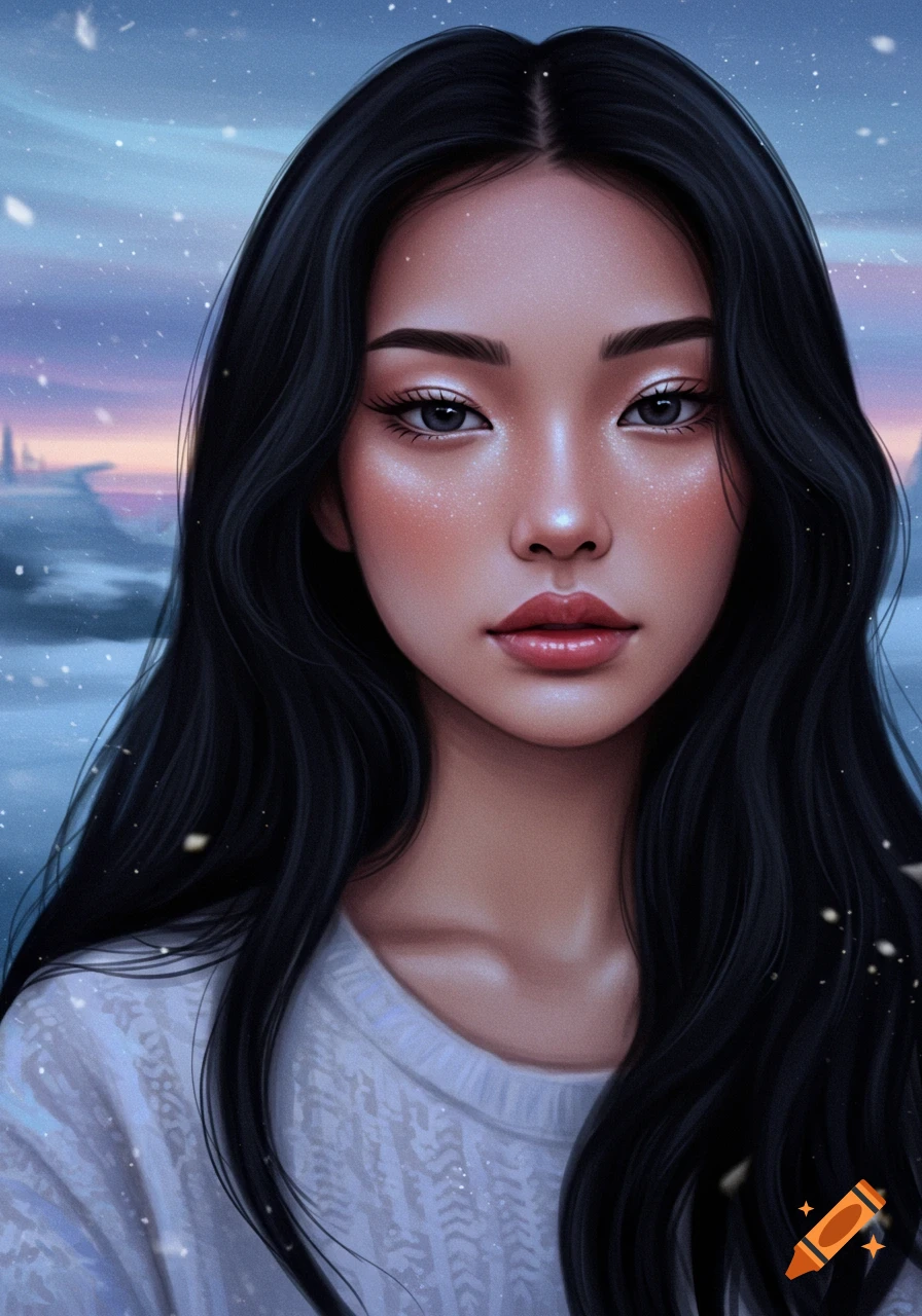 A digital painting portrait of a young woman with long black hair against a snowy, twilight background.