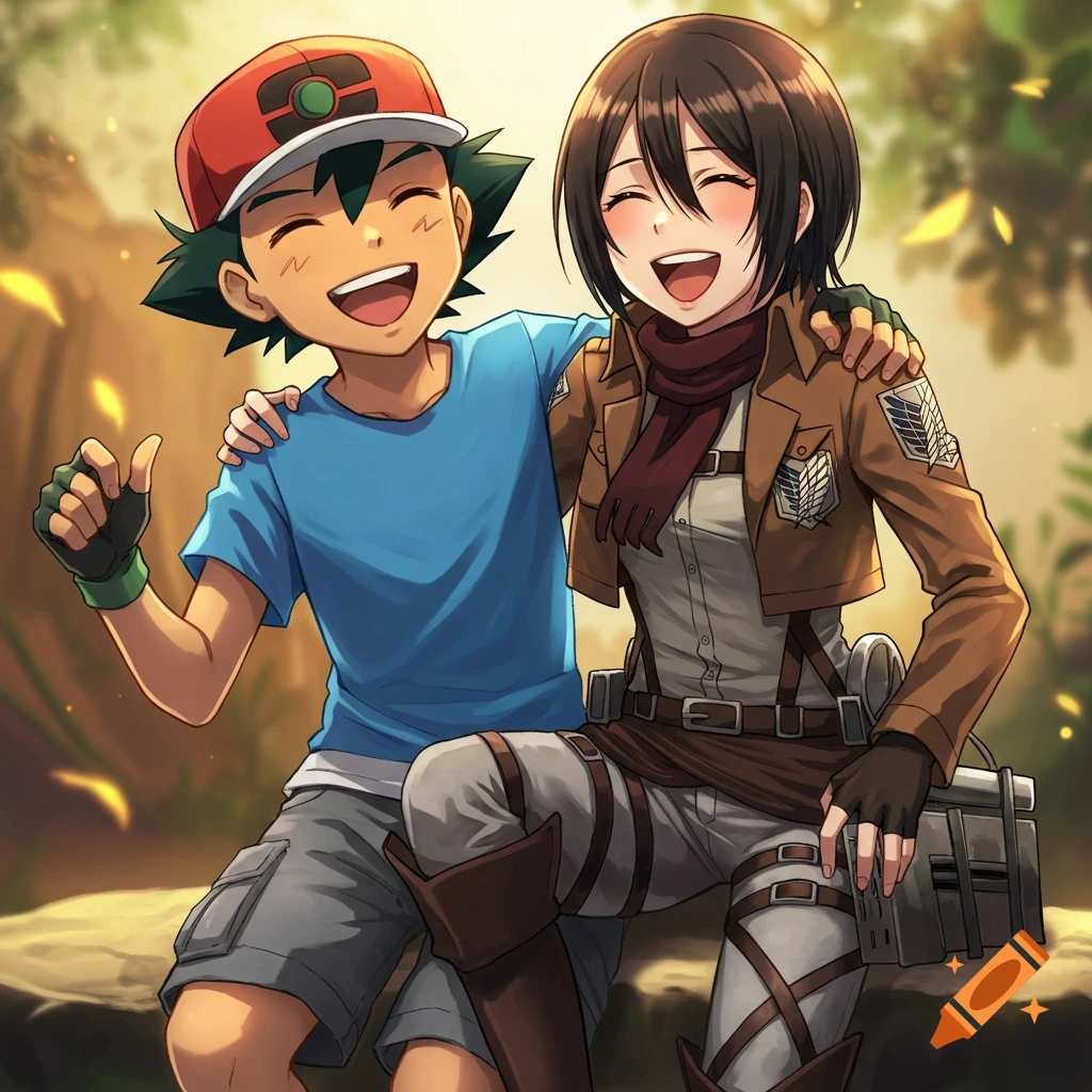 Ash Ketchum and Mikasa Ackerman sit together on a rock, laughing and smiling. Ash has his arm around Mikasa.