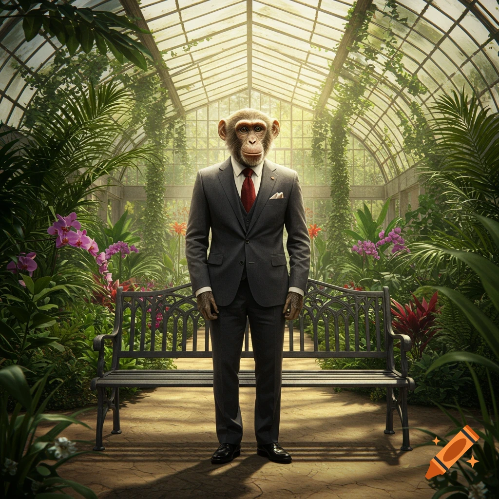 A chimpanzee wearing a grey suit and red tie stands in a sunlit greenhouse filled with lush green plants and flowers.