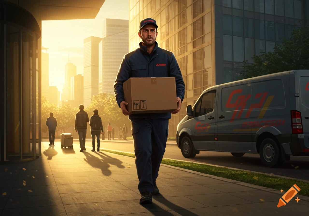 A photorealistic image of a delivery driver in uniform walking on a sunlit city street, carrying a cardboard box. A delivery van is parked behind him.