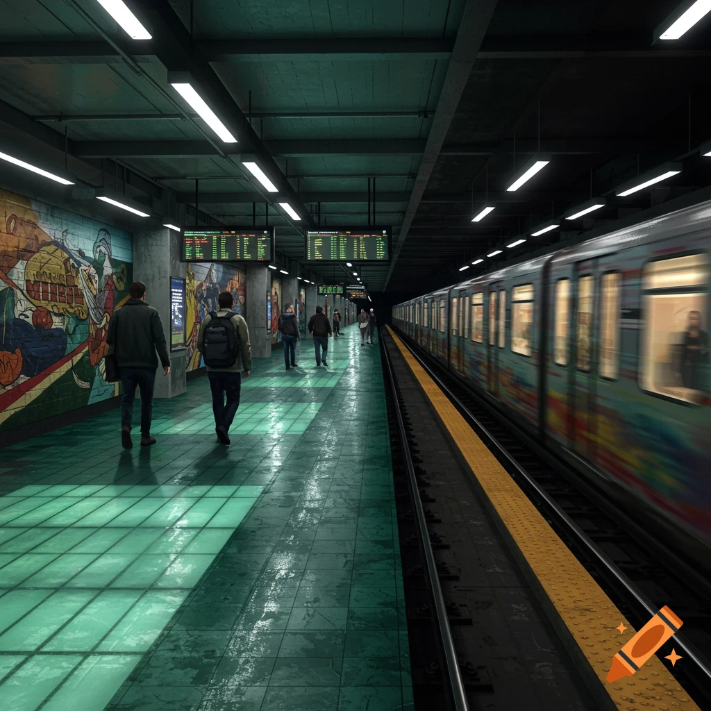 A long shot of a subway platform with green tiled floors, showing a train on the right and people walking away from the camera on the left, next to a colorful mural.
