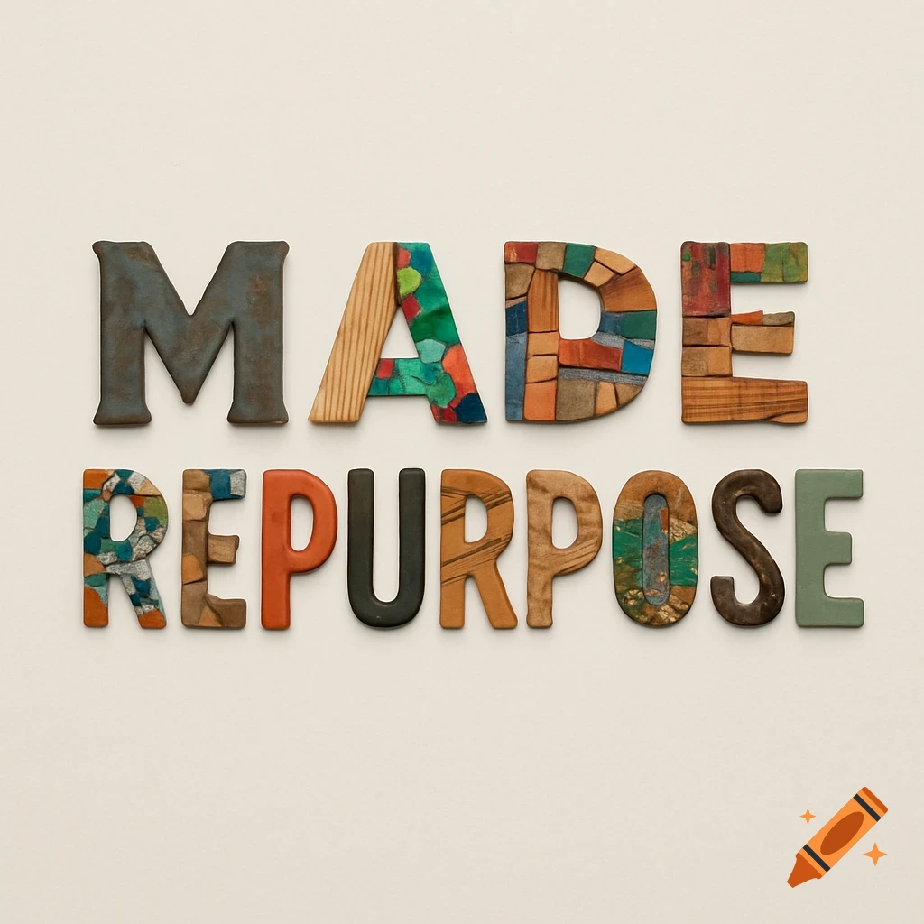 A logo spelling 'MADE REPURPOSE' with letters made from various materials including wood, metal, and colorful mosaic pieces.