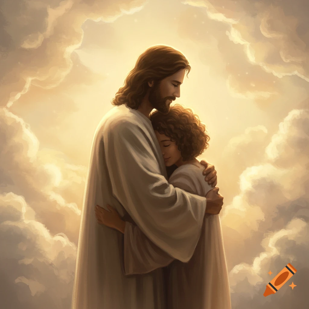Painting of Jesus embracing a woman with curly brown hair amidst golden clouds, evoking a spiritual scene.