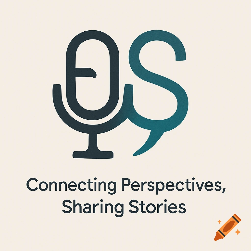 A logo featuring a stylized microphone and a speech bubble forming abstract initials, with the slogan Connecting Perspectives, Sharing Stories below.