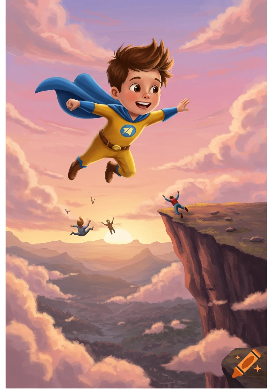 A cartoon boy superhero in yellow and blue flies over a cliff, saving people falling against a sunset sky and mountains.