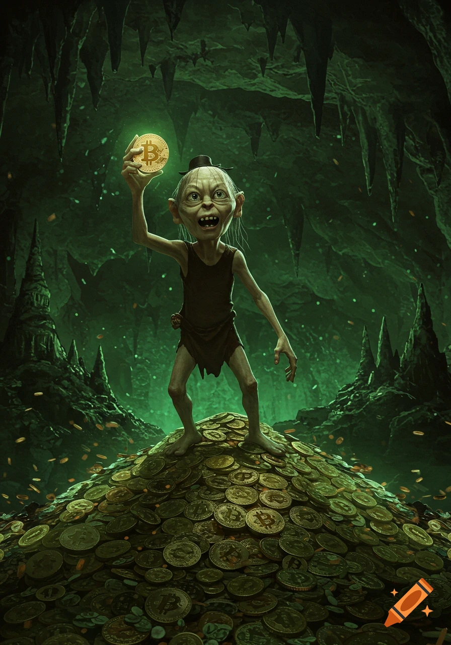 Gollum stands on a mound of bitcoin coins in a dark cave, holding a glowing bitcoin, wearing a small hat.