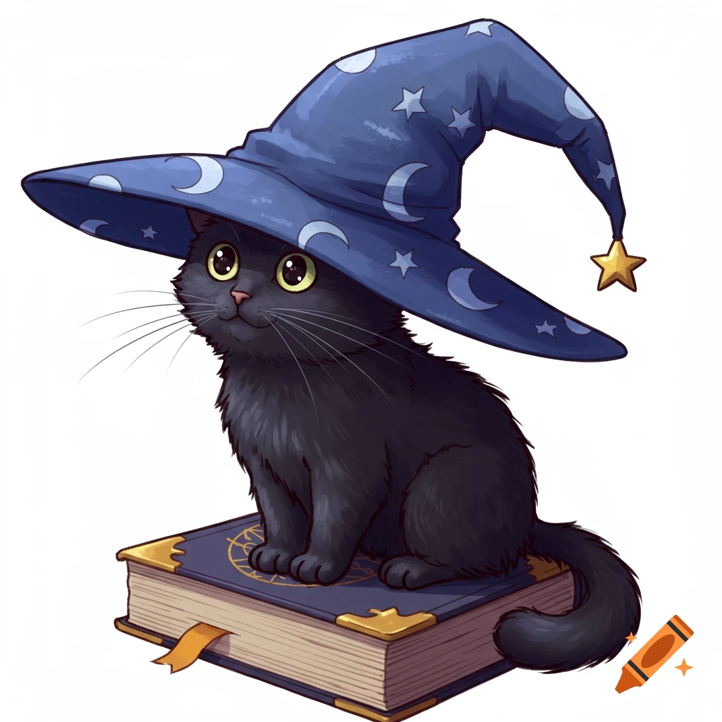 A cute black cat wearing a blue wizard hat with stars and moons, sitting on a spellbook.
