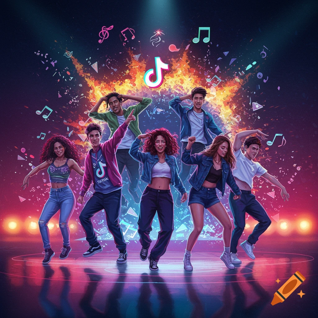 An energetic illustration of diverse young people dancing on a stage with a TikTok logo, vibrant lights, and musical notes.