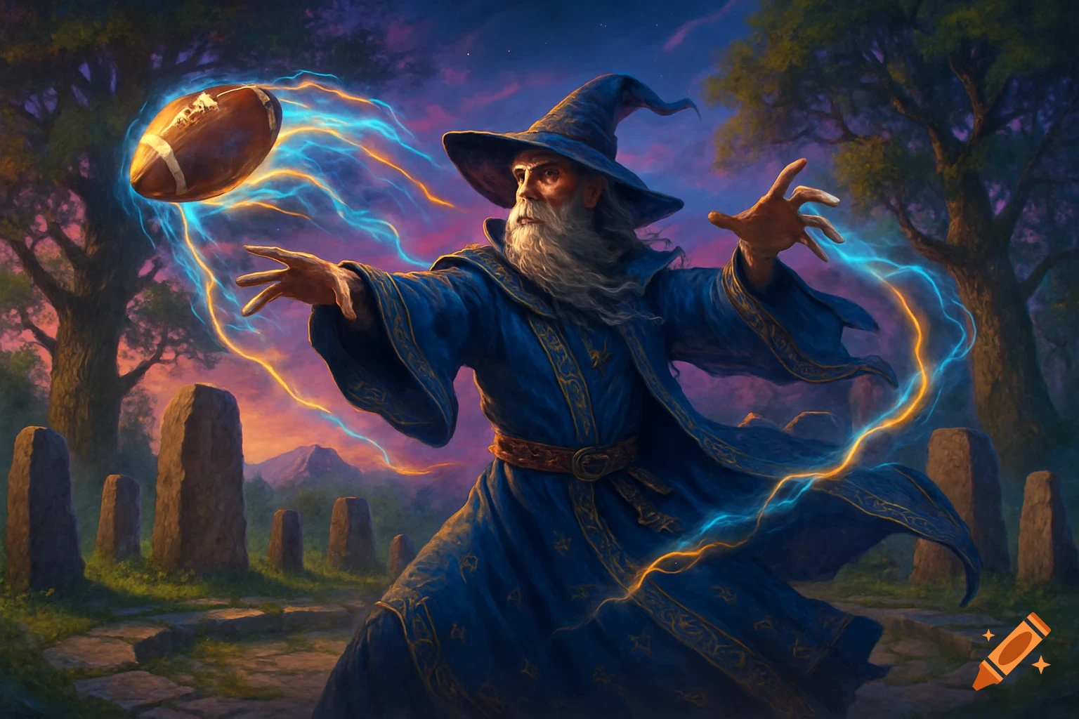 A wizard in a blue robe throws a glowing football with magical energy in a mystical forest at dusk, digital art.