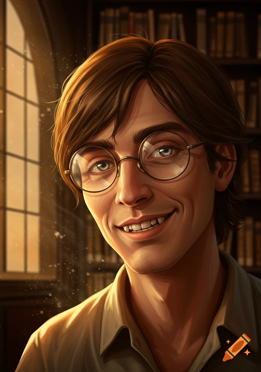 A smiling young man with brown hair and round glasses in a library.