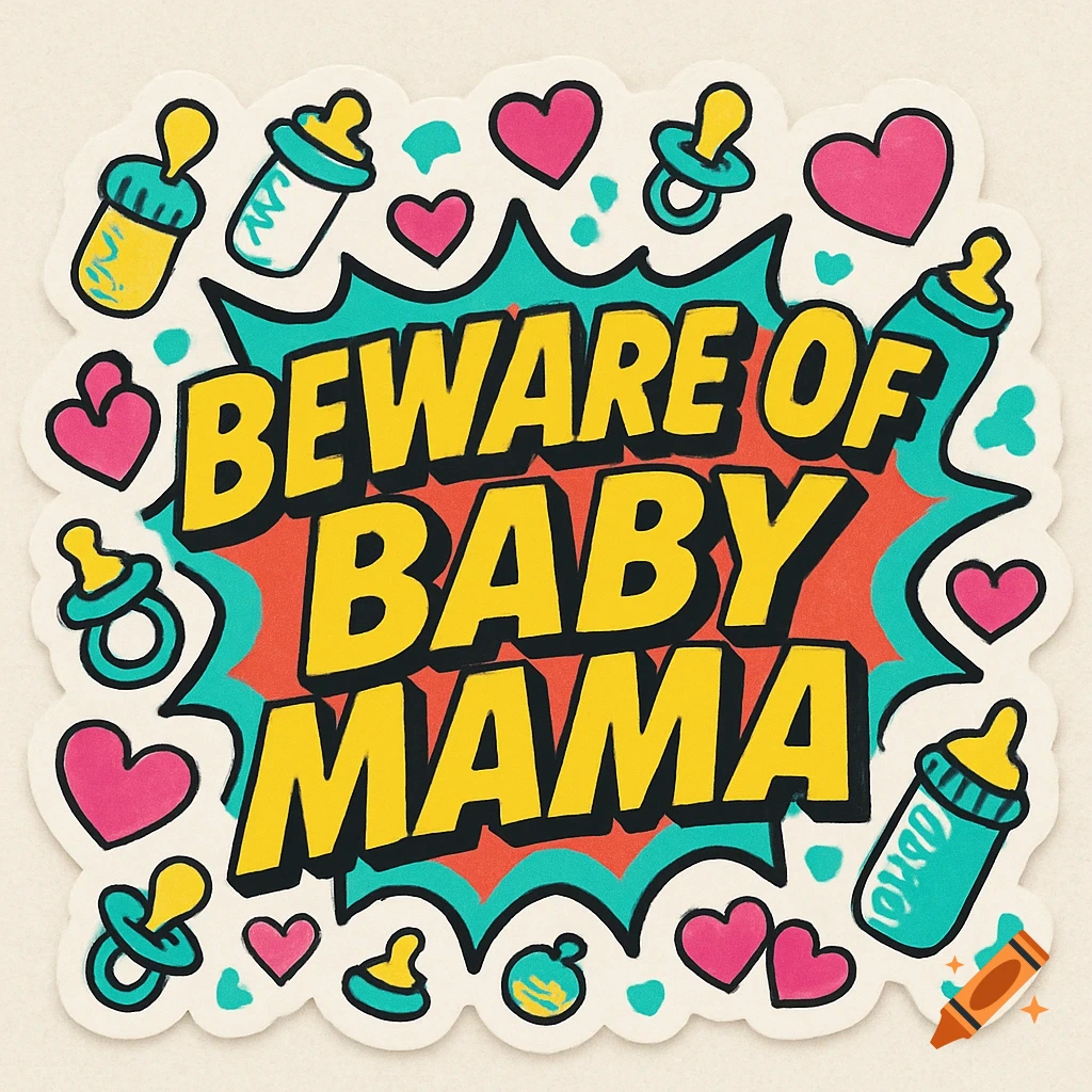 Pop art style sticker with text 'BEWARE OF BABY MAMA' surrounded by pink hearts, baby bottles, and pacifiers.